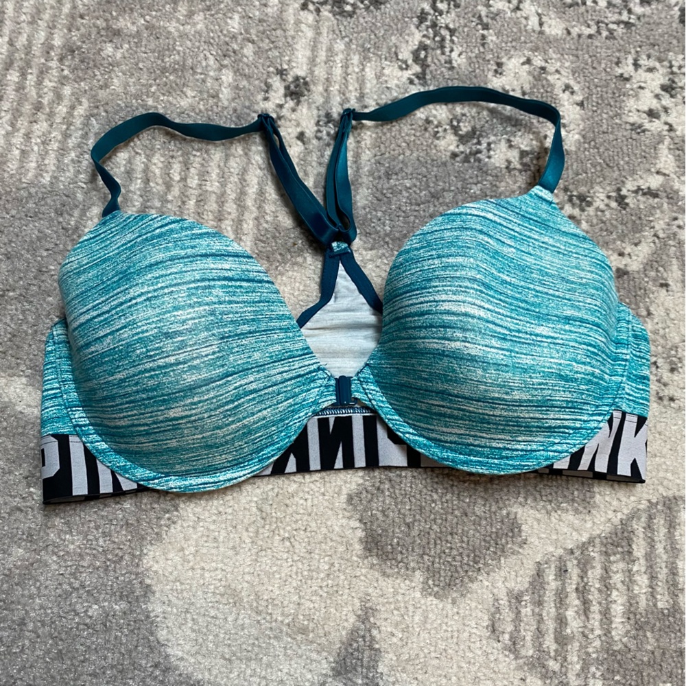 Victoria’s Secret PINK Teal Front Close Racerback Logo Lightly Lined Bra